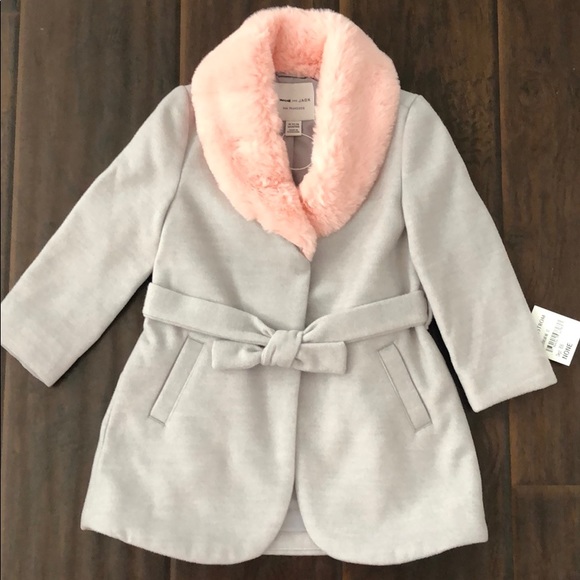 Janie and Jack Faux Fur Trim Belted Coat Gray Pink - Picture 5 of 11